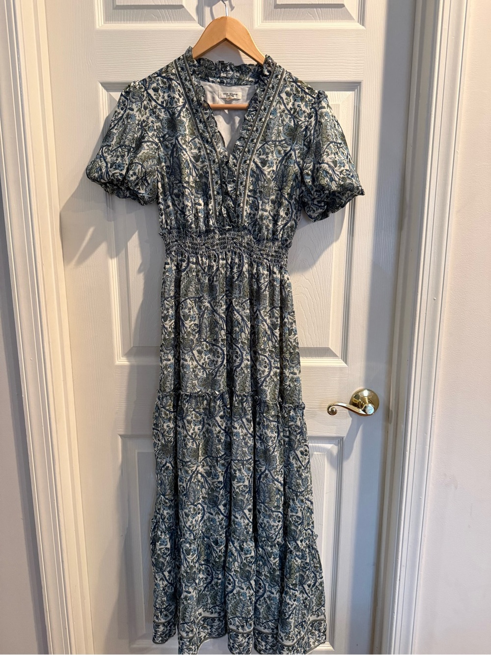Max Studio Blue Floral V-Neck Smocked Maxi Dress